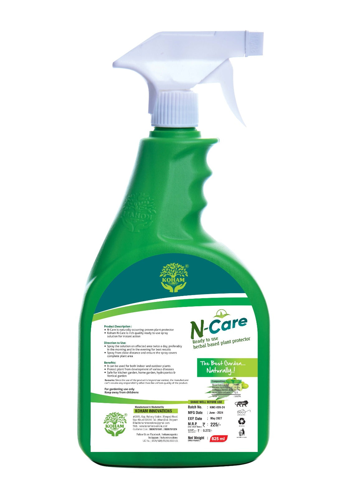 KOHAM N CARE | Ready To Use | 825 ML Liquid | Plant Protector | Home Gardening | Bugs - Mealybugs - Fungus - White Fungus - Insects - Mites - Aphids